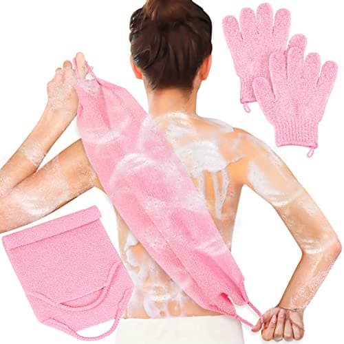 Image of Anezus Exfoliating Shower Bath Gloves Back Scrubber Set for Body, Face, Shower, Bath, Scrub and Exfoliator (Pink)
