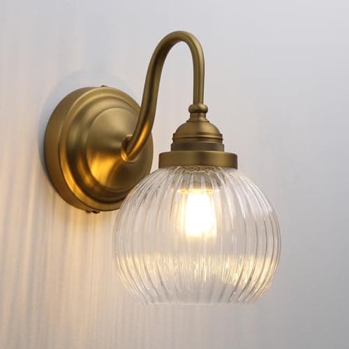 Image of JIMUBEAM 1-Light Gooseneck Wall Light with Clear Ribbed Glass Shade,Vintage Indoor Wall Mounted Lamp for Vanity Bathroom Bedroom Living Room Over Kitchen Sink