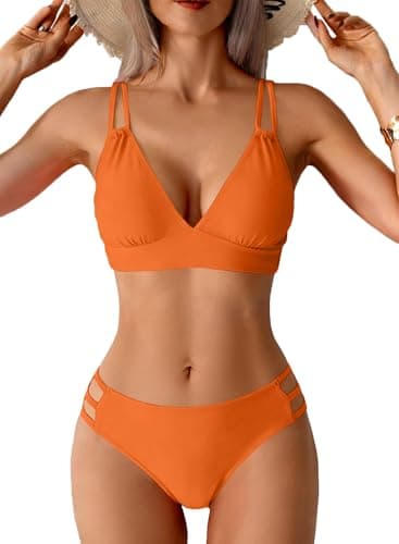 Image of CheChury Women's Sexy Bikini Sets V Neck Hollow Out Two Piece Swimsuits Cutout Mid Waist Brazilian Bikinis for Women UK,Orange,L