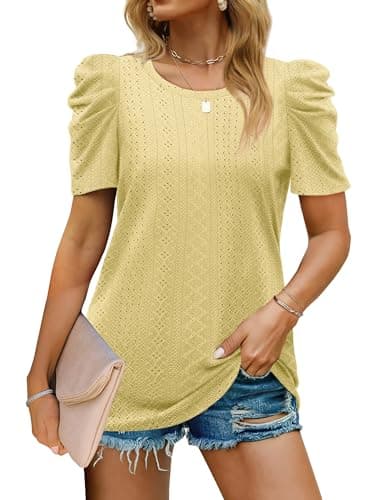 Image of Aokosor Summer Tops for Women UK Dressy Casual Puff Sleeve Eyelet T Shirts Women Clothes 2026 Yellow Size 18-20