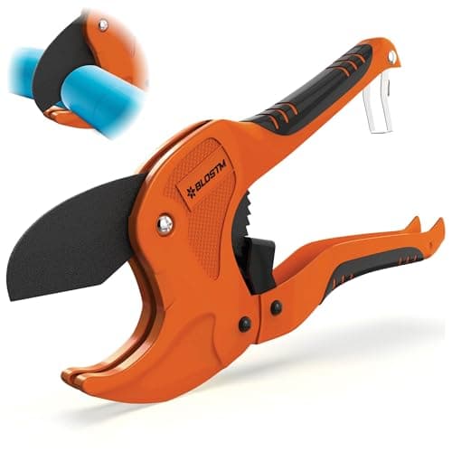 Image of BLOSTM Plastic Pipe Cutter - Heavy Duty Ratchet Pipe Cutters with 42mm Outside Diameter Cutting Capacity for PVC PEX PPR Plastic Pipes & Rubber Hoses, Ergonomic Non-Slip Handle & Safety Lock (Orange)