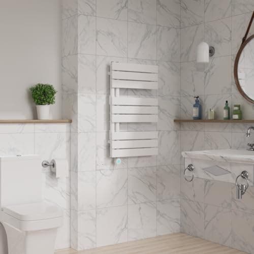 Image of Warmehaus Prefilled Electric Heated Towel Rail with Timer Designer Flat Panel Thermostatic Bathroom Towel Radiator White 826x500mm