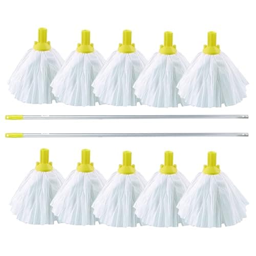 Image of 10 Big White Disposable EXEL Mop Heads with 2 Colour Coded Handle (Yellow)