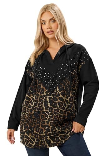Image of Yours Curve Leopard Print Stud Hoodie - Women's - Plus Size Curve Black