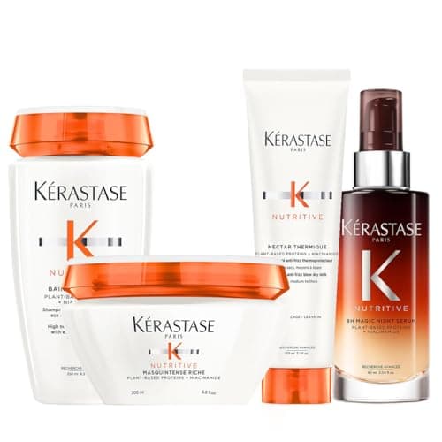 Image of Kérastase Nutritive, Routine for Very Dry Thick Hair Lacking Nutrition, Contains High Nutrition Rich Shampoo, with Niacinamide, Nourishing Mask, Anti-Frizz Heat Protection Milk & Night Serum, Quad Set