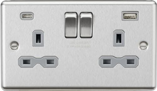 Image of 13A 2G SP Switched Socket with dual USB C+A 5V DC 4.0A [shared] - Brushed Chrome with grey insert