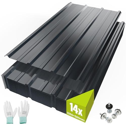 Image of Mondeer 14PCS Roofing Sheets, 8.3m² Galvanised Steel, 105 x 56.5 cm, Includes Gloves and Screws, Metal Corrugated Trapezoidal Grooved Roof for Outdoor Storage, Bin Store & Bike Shed, Dark Grey