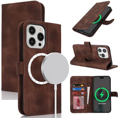 Image of Zouzt Case for iPhone 13 Pro Max/12 Pro Max (6.7"), [Compatible with MagSafe] Magnetic PU Leather Wallet Case with Card Holders and Kickstand, Wireless Charging Flip Folio Cover - Vintage Dark Brown