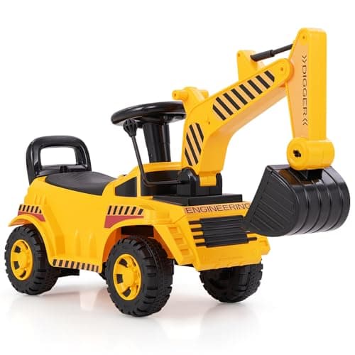 Image of COSTWAY Kids Ride on Digger, Toddler Construction Toy Car with Adjustable Bucket, Underseat Storage, Engine Sound, Foot to Floor Slider for 19-36 Months