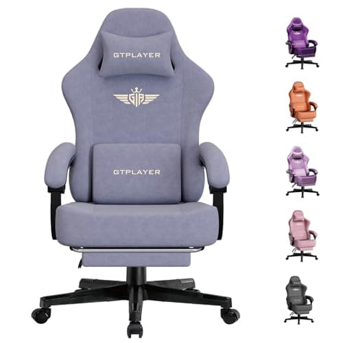Image of GTPLAYER Fabric Gaming Chair, Ergonomic Computer Chair with Footrest and Lumbar Support Height Adjustable Home Office with 360°-Swivel Seat and Headrest Macaron Purple