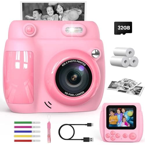 Image of Gofunly Kids Camera Instant Print, 1080P 2.4'' Digital Camera for Kids with 32GB Card & 3 Rolls Print Paper, Birthday Gifts Toys for Boys Girls Ages 3-12,Pink