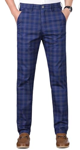 Image of Yukirtiq Men's Tweed Check Stretch Trousers Chino Plaid Pants Slim Fit Classic Check Golf Retro Pants Vintage Style Bottom, Blue, W32