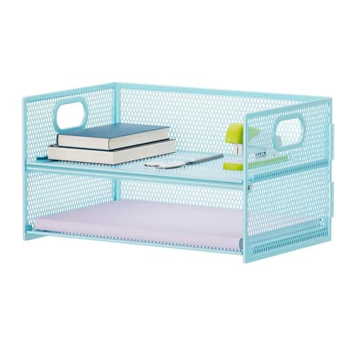 Image of Marbrasse 2 Tier Mesh Desk File Organiser,Paper Letter Tray Organiser with Handle, Metal A4 Paper Tray,Magazine Document Desk Organizer Holder for Home Office School (Blue)