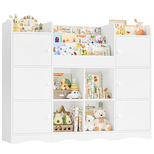 Image of FOREHILL Toy Storage Unit 3-tier Kids Bookshelf Childrens Bookcase Kids Storage Unit with 6 Doors, 6 Open Compartments for Playroom Nursery Furniture White 140 x 30 x 106 cm