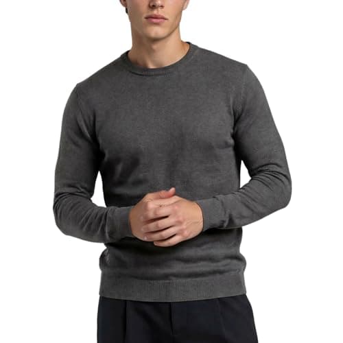 Image of Xact Mens Jumper 100% Cotton Crew Neck – Lightweight 12 Gauge Knit Jumper for Men UK, Smart Casual Work & Office Sweater (Dark Charcoal) L