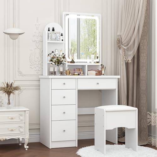 Image of PREMTURE Dressing Table & Stool Set with 3 Colours LED Lights Mirror, 80W x 40D x 140H cm Makeup Table with Ottoman & 5 Drawers, Large Storage Space Vanity Desk for Bedroom Furniture (White/LED)