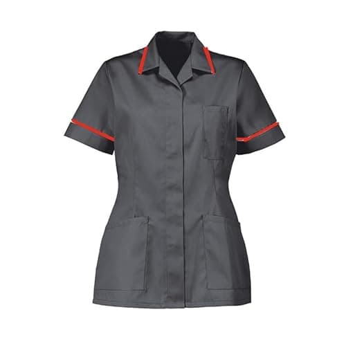Image of Instex Ladies Nurses Healthcare Tunic, Dental Vet Salon, Grey with RED Trim, Pointed Collar INS32GR/R (UK, Numeric, 14, Regular, Regular, Grey)