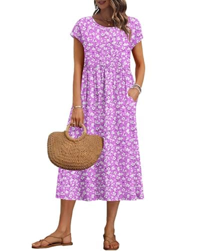 Image of AUSELILY Women's Summer Short Sleeve Midi Dresses A-line Shift Loose Floral Dress with Pockets, Purple Floral L