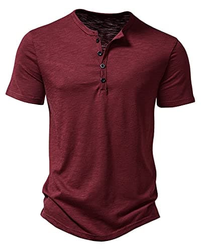 Image of Men's Casual Grandad Collar Henley T Shirt Muscle Fit Summer Smart Short Sleeve 4 Buttons Tee Slim Fitted Collarless Polo T-Shirts Tops-Wine Red-L-X