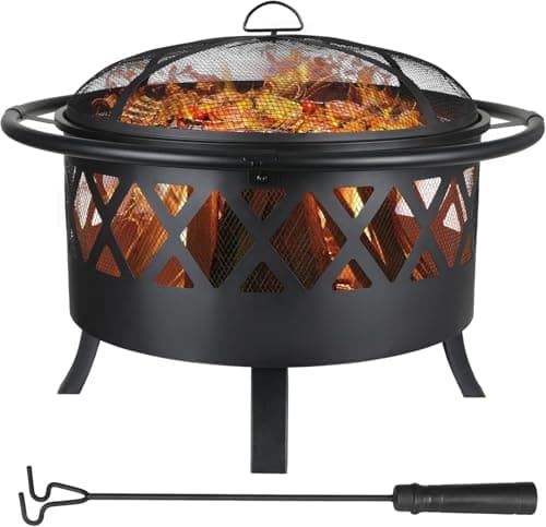 Image of TLSUNNY Round Fire Pit, 32 Inch Wood Burning Fire Bowl with Grill, Insulated Outer Ring, Spark-Proof Cover & Poker, Portable Retro-Look FirePit for Outdoor/Garden/Patio/Camping