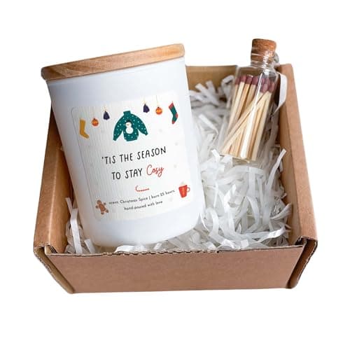 Image of Tis The Season to Stay Cosy Scented Christmas Candle Gift Box for Her Him Cosy Stylish Unique Vegan Xmas Present Hygge Gift Cosy Xmas Gift