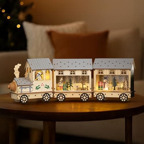 Image of Marco Paul Christmas Wooden Train Scene – 50 cm Warm White LED Battery-Powered Ornament – Festive Light-Up Wooden Xmas Decoration & Seasonal Table Display for Indoor Home Décor