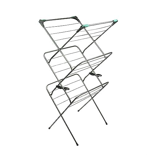 Image of Addis 3 Tier Indoor Clothes Drying Airer Rack with 18 metres drying space, Fold out corner hooks for hangers, Metallic Silver