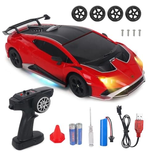 Image of KBIBCK RC Drift Car 1:24, 2.4Ghz Remote Control Car with Cool Lighting, 30km/h High Speed 4WD Racing RC Drifting Cars, Rechargeable Mini RCDrift Cars, Gifts for Kids Adults (Lambor-ghini, Red)