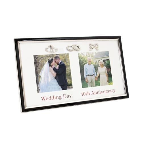 Image of Happy Homewares 40th Ruby Anniversary and Wedding Day Picture Frame in Silver and Black with Red Text | Hearts Rings and Ribbon Icons | Table or Wall