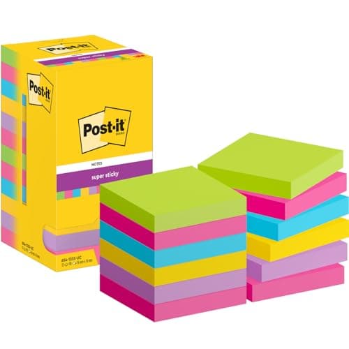Image of Post-it Super Sticky Notes, 1080 Sheets, Value Pack of 12 Pads, 76 mm x 76 mm - Holds Strong to Many Surfaces - Assorted Colours - for Walls, Monitors and Fridge, Recycable