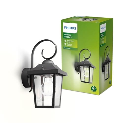 Image of Philips Buzzard Vintage Wall Lantern + E27 LED Bulb, Warm White Light, for Outdoor, Home Garden Lighting, Black