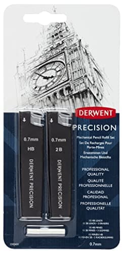 Image of Derwent 0.7 mm Precision Mechanical Pencil Refill Set, HB/2B Leads and Erasers, Professional Quality, 2302432, Black