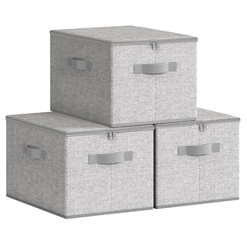 Image of SONGMICS Foldable Storage Organiser Boxes, Storage Basket Bins with Lids, Handles, Clothes Organiser, Non-Woven Fabric, Set of 3, 40 x 30 x 25 cm, Dove Grey RZB003W01