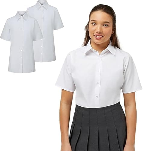 Image of Trutex Basics Girls White School Shirts, Multipack – Short Sleeve Regular Fit Cotton-Rich Easy Iron White School Blouses for Girls – Age 18 (2 Pack)