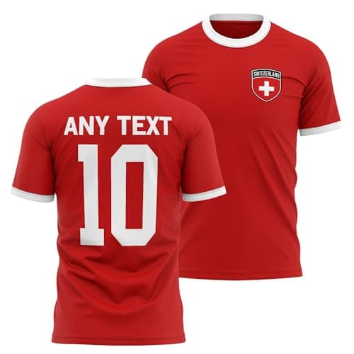 Image of Switzerland Mens Ringer T Shirt - Swiss Badge Custom Name Number Tee - Red/White Football Supporter Fan Top, M, Red/White