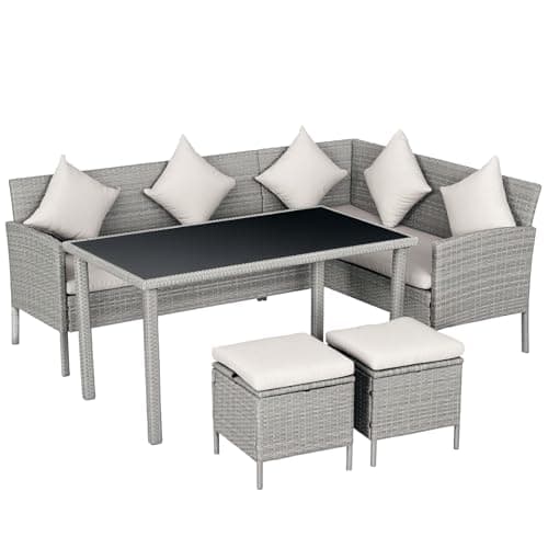 Image of Outsunny 5 Pieces Rattan Garden Furniture Set, 6 Seater Wicker Dining Set, Corner Garden Sofa Outdoor Furniture Set with Glass Top Table, Footstool and Cushions for Patio, Beige