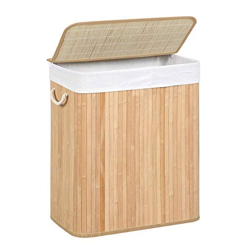 Image of SONGMICS LCB071N02 Laundry Basket, 100 L Laundry Basket, Dirty Sorting Compartment, Bamboo Lid, Handles, Foldable, Removable Machine Washable Bag, for Laundry Room, Bedroom, Wood Colour
