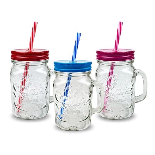 Image of Pack of 3 Mason Jars with Handles, 500 ml Durable Drinking Glasses with Lids, Straws – Perfect for Cold Beverages Including Juices and Smoothies – Ergonomic and Comes in Attractive Hues and Designs