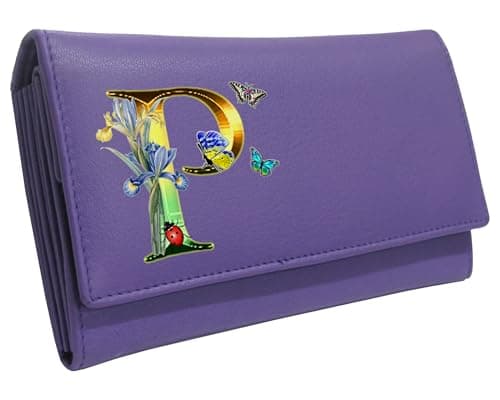 Image of Klassek Purple Womens Purse, Personalised, Letters A to Z, Initial, Alphabet Letters, RFID Protection, Brand, Butterfly and Flower Design, Real Animal Leather, Wallet, Multiple Colours Available