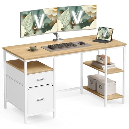 Image of VASAGLE Computer Desk, Work Desk with Storage, 3 Shelves, 2 Drawers, 60 x 140 x 76 cm, for Home Office, Living Room, Modern Style, Natural Oak and Pearl White LWD104Y01