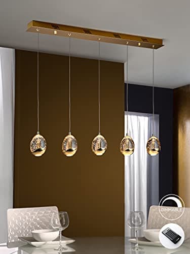 Image of Schuller ROC - Integrated LED 5 Light Dimmable Crystal Drop Bar Ceiling Pendant with Remote Control Gold