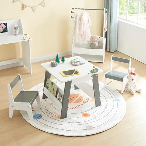 Image of Panana Wooden Kids' Children's Table with 2 Chairs Stools for Preschoolers Boys and Girls Activity Build & Play Table Chair Set (With Bookshelf Style), T2T3WG