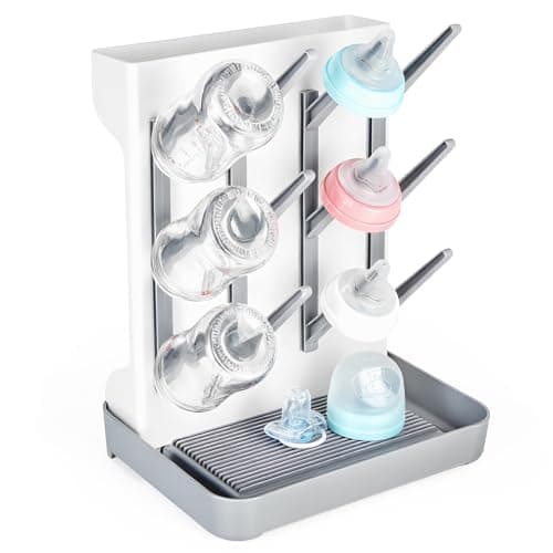 Image of Vicloon Baby Bottle Drying Rack, Large Vertical Bottle Dryer Rack Holder with 12 Hooks, Detachable, Space Saving, Countertop Organiser for Feeding Nipples, Teats, Soothers, Sealing Discs Storage
