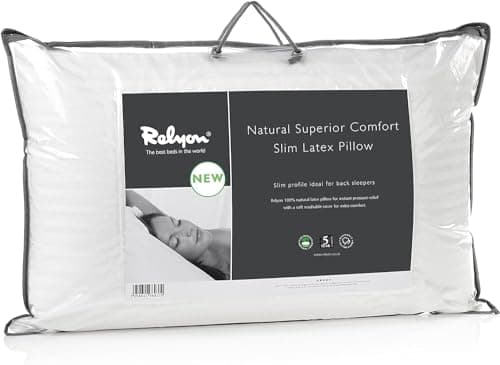 Image of Relyon Superior Comfort Slim Breathable Natural Latex Pillow with a Soft 100% Cotton Cover, White, W63cm x H45cm x Depth 10cm,Pack of 1