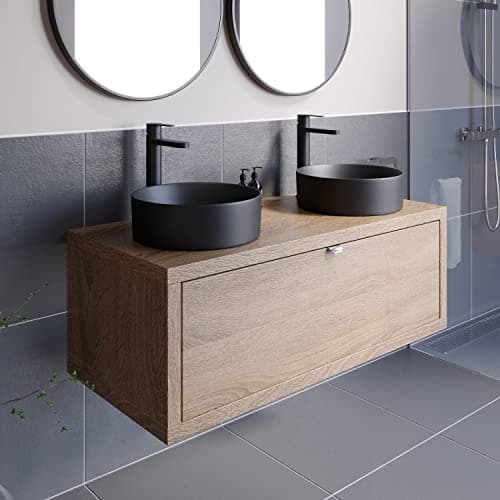 Image of Vitusso® 1100mm Bathroom Vanity Unit Countertop Double Basin Sink Wall Hung Drawer Unit Storage Furniture Oak Wood, Lyon Black Basins