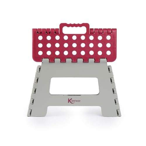 Image of Kleeneze KL031879FEU6 Small Folding Step Stool - Ideal for Hard-to-Reach Places, Maximum Load 150 kg, Folds Away for Storage, Step Up, Space Saving Design, Carry Handle, Strong and Sturdy, Pink & Grey