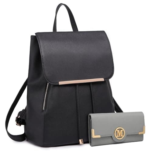 Image of Miss Lulu Backpack Womens with Long Purse Fashion Backpacks Black Backpack Ladies PU Leather Waterproof Daypack Medium School Work Travel