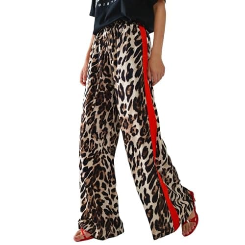 Image of Women's Leopard Print Wide Leg Trousers Elastic Waist Side Stripe Wide Straight Leg Casual Pants for Walking Hiking Brown
