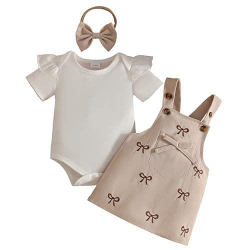 Image of Eqenkely Newborn Baby Girl Outfit Clothing Set Cute Ruffle Striped/Solid Color Romper + Suspender Skirts +Headband 3pcs Overall Dress Clothes for 0-24 Months Beige 3-6 Months