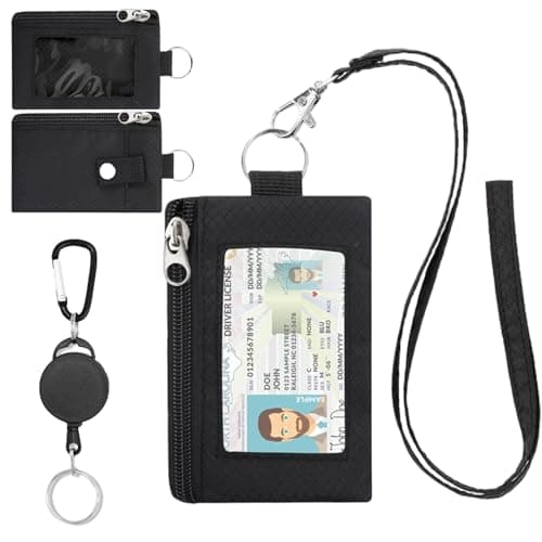 Image of Minimalist RFID Blocking Wallet with ID Window & Hook – Water-Resistant Zip Card Holder with Lanyard & Keychain – Holds Cards, Cash, Keys – Compact for Travel, Men & Women (Black)